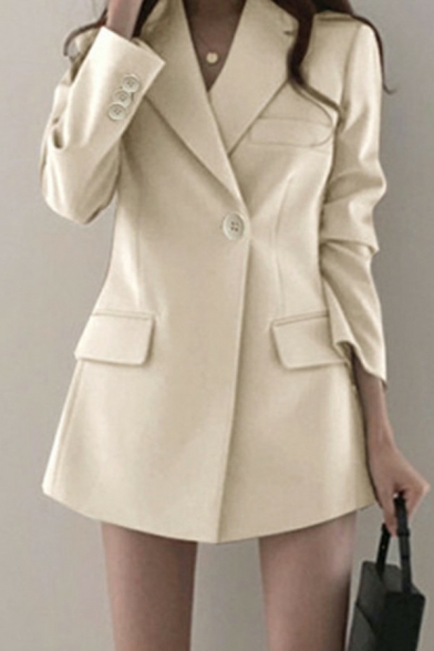 Elegant Womens Blazers Plain Notched Lapel Single Button Long Sleeve Flap Pockets Short Blazers