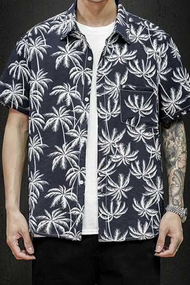 Fancy Mens Shirt Tropical Leaf Print Turn Down Collar Single Breasted Short Sleeve Shirt