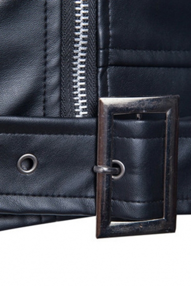 Formal Leather Jacket Solid Spread Collar Zip-up Front Pocket Belt Leather Jacket for Guys