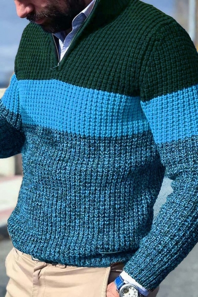 Hot Sweater Contrast Color Long Sleeve Regular 1/4 Zipper Stand Collar Sweater for Men