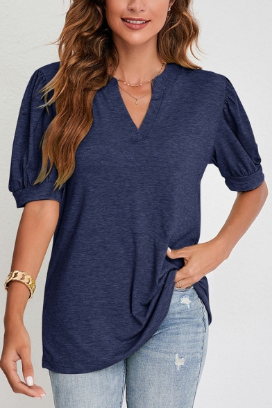 Leisure Tee Shirt Pure Color Short-sleeved V Neck Regular Fit T-shirt for Women