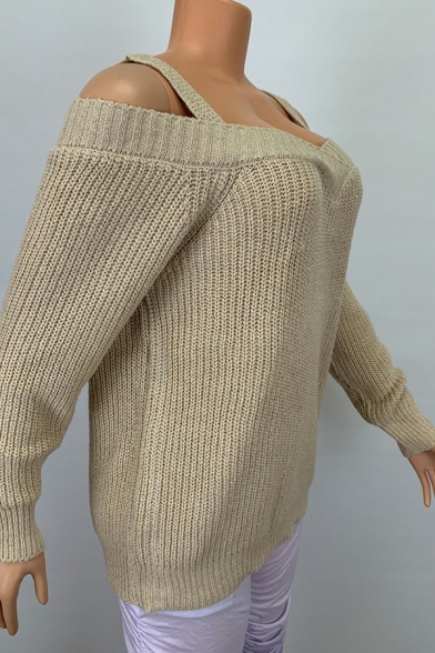 Leisure Womens Sweater Plain Sweetheart Neckline Hollow Long Sleeve Cable Knit Sweater