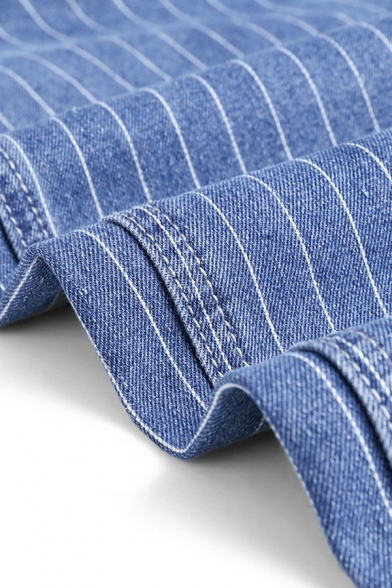 Men's Simple Denim Overalls Stripe Print Kangaroo Pocket Regular Fit Denim Bib Overalls