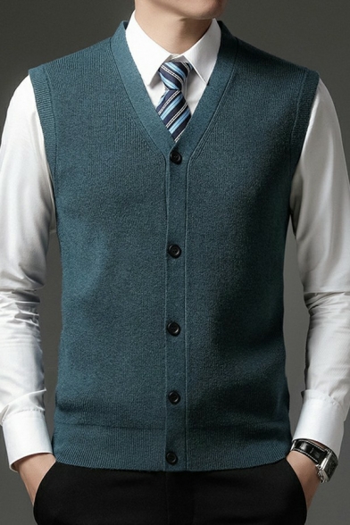 Men's Simple Sweater Vest Plain Sleeveless V-Neck Button Closure Regular Fit Knitted Vest