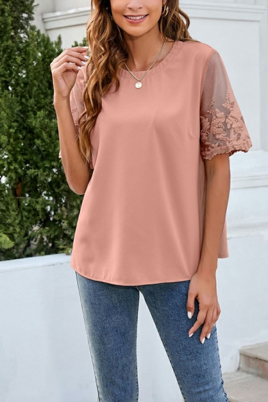 Modern Ladies Chiffon Shirt Round Collar Plain Lace Short Sleeve Loose Fit Blouses Shirt