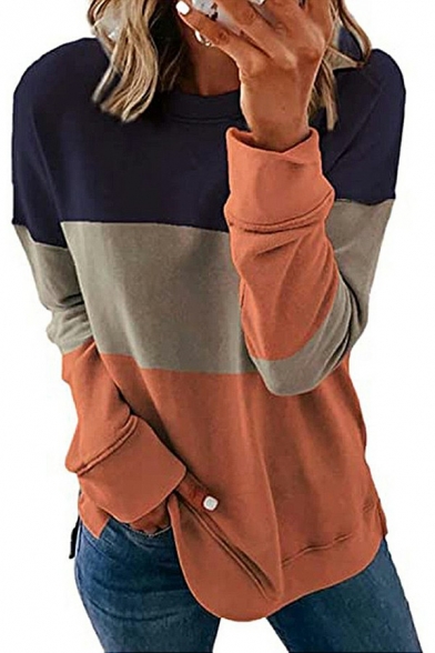 Modern Womens Sweatshirt Color Block Round Neck Long Sleeve Sweatshirt