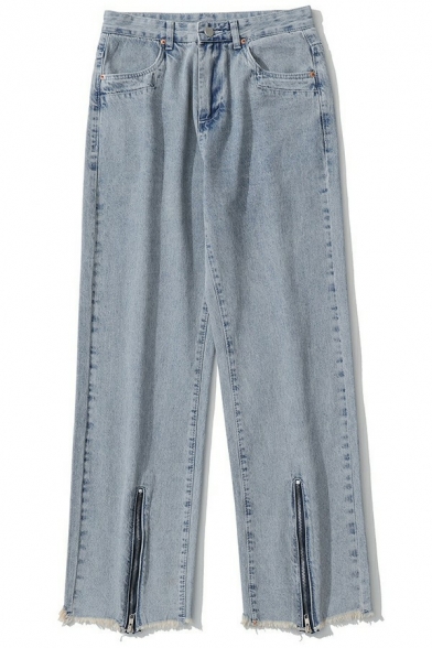 Popular Mens Jeans Medium Wash Button Placket Zipper Slit Pocket Detail Straight Fitted Jeans
