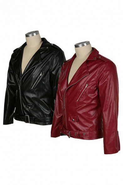 Retro Men's Leather Jacket Whole Colored Zipper Pocket Belt Epaulet Leather Jacket