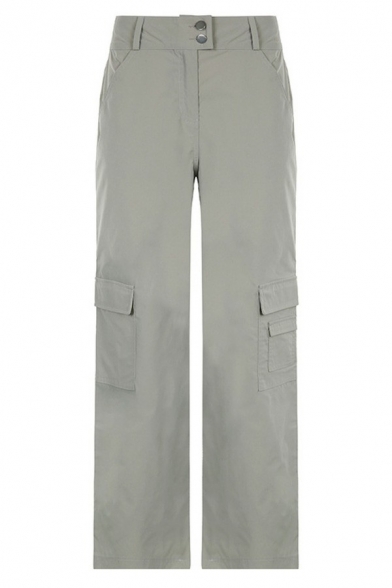Street Style Ladies Gray Pants Zipper Placket Mid Rise Long Straight Cargo Pants with Flap Pockets