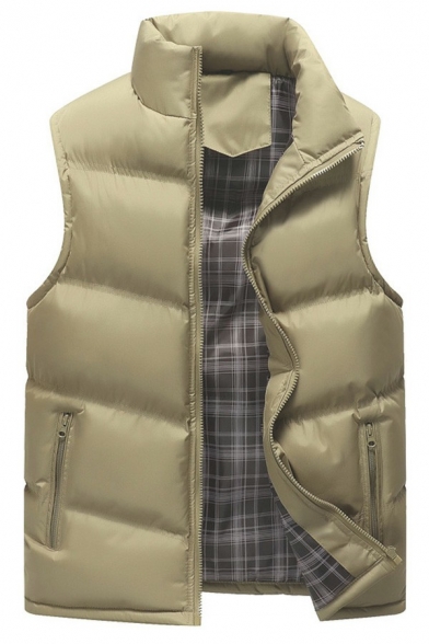 Street Style Mens Vest Plain Sleeveless Pocket Stand Collar Fitted Zip Placket Vest