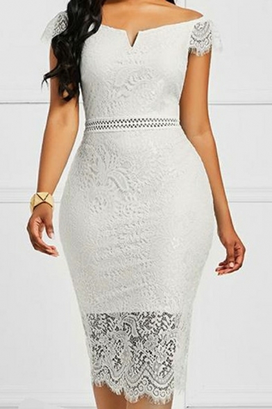 Stylish Lace Dress Pure Color Boat Neck Slim Fitted Midi Dress for Women