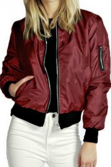 Stylish Ladies Jacket Plain Contrast Ribbed Collar Zipper Fly Long Sleeve Bomber Jacket
