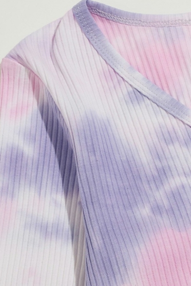 Stylish Womens Crop Knit Top Deep V Neck Tie Dye Print Button Down Ruffles Detail Long Sleeve Slim Fit Knit Top