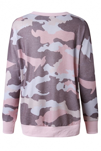 Stylish Womens Sweatshirt Camouflage Printed Round Neck Long Sleeve Sweatshirt
