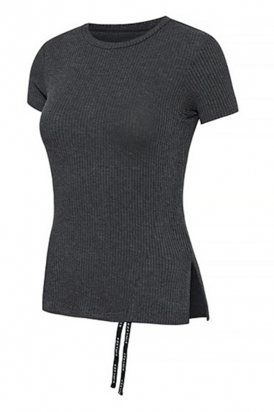 Stylish Womens T-Shirt Plain Crew Neck Irregular Hem Short Sleeve Slim Fit Ruched Tee Top