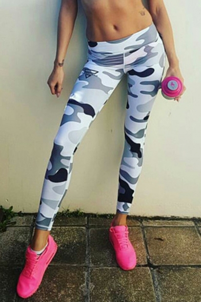 Trendy Womens Gym Leggings Camo Pattern High Waist Ankle Length Slim Fit Yoga Leggings