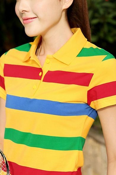 Trendy Womens Polos Striped Pattern Lapel Collar Half Button Short Sleeve Polos