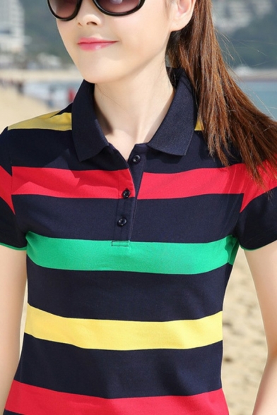 Trendy Womens Polos Striped Pattern Lapel Collar Half Button Short Sleeve Polos
