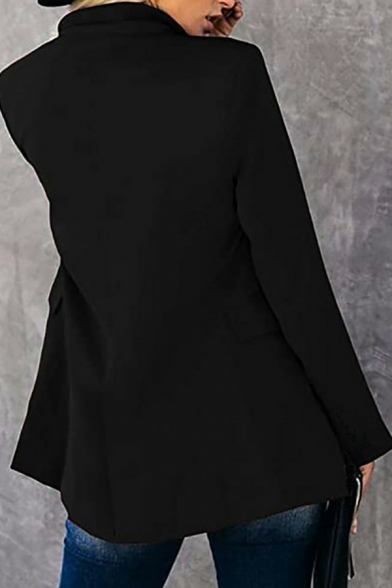 Vintage Ladies Plain Blazer Lapel Collar Double Breasted Loose Fitted Suit Jacket with Flap Pockets