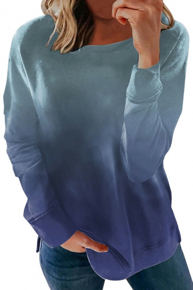 Vintage Ombre Print Sweatshirt Round Collar Long Sleeve Loose Fit Pullover Sweatshirt for Ladies