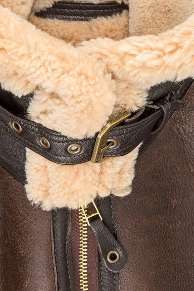 Warm Jacket Plain Belt Zip Closure Front Pocket Spread Collar Leather Fur Jacket for Guys