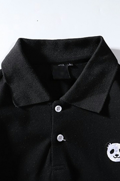 Basic Mens Polo Shirt Panda Pattern Turn-down Collar Short Sleeve Button Detail Loose Fit Polo Shirt