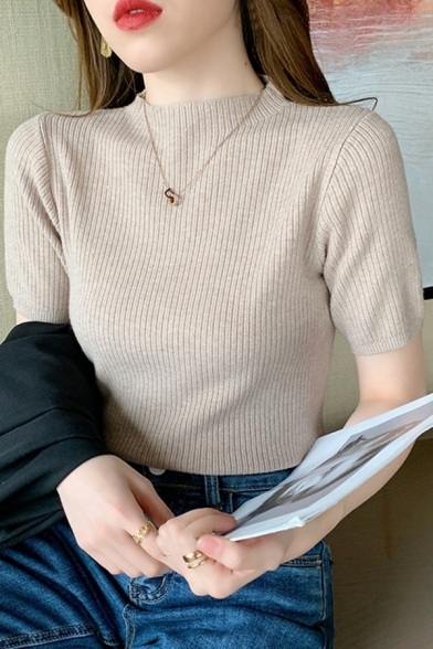 Basic Plain Knit Top Mock Neck Short Sleeve Slim Fit Pullover Knit Top for Women