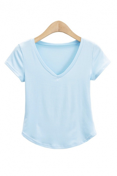 Basic Womens T-Shirt V Neck Pure Color Curved Hem Cap Sleeve Slim Fit T-Shirt
