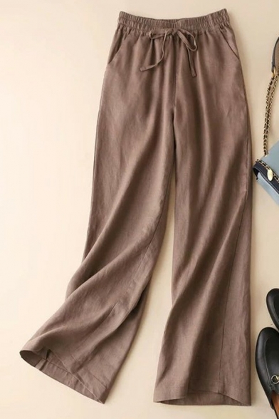 Casual Wide Leg Pants Solid Color Drawstring Waist High Rise Long Straight Linen Pants for Women