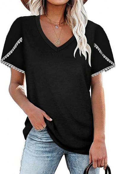 Classic Womens T-Shirt Plain Appliques V-Neck Short Sleeve T-Shirt