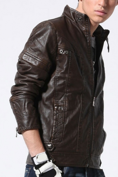 Dashing Guys Leather Jacket Plain Stand Collar Front Pocket Zip Fly Leather Jacket