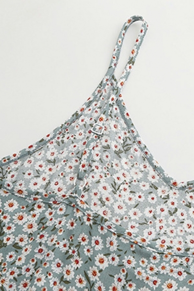 Fancy Womens Dress Floral Pattern Spaghetti Straps Ruffles Mini Cami