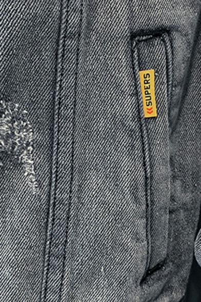 Guy's Novelty Jacket Plain Flap Pocket Regular Long Sleeves Spread Collar Denim Jacket