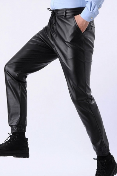 Guys Chic Leather Pants Solid Drawstring Waist Regular Full Length Pocket Leather Pants