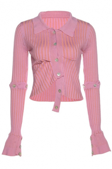 Hot Womens Knit Top Spread Collar Button Up Asymmetrical Hem Detachable Flare Sleeve Slim Fit Knit Top in Pink