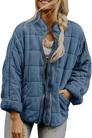 Leisure Ladies Jacket Solid Stand Collar Zipper Fly Long Sleeve Quilted Jackets