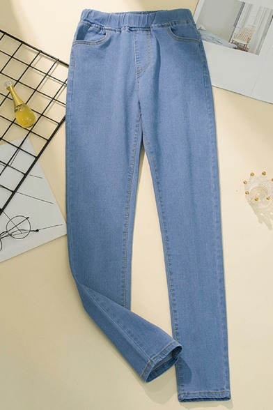 Leisure Womens Jeans Indigo Elastic Waist High Rise Skinny Denim Pants