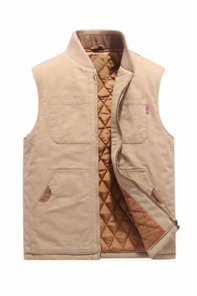 Men Novelty Vest Solid Collar Stand Collar Sleeveless Relaxed Fit Chest Pocket Zipper Vest