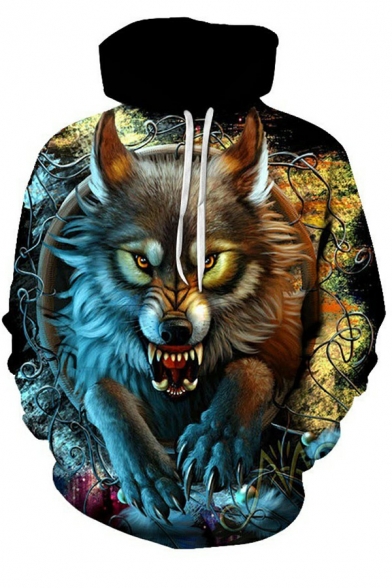 Men Stylish Hoodie 3D Wolf Pocket Regular Fit Long-Sleeved Hooded Drawstring Hoodie