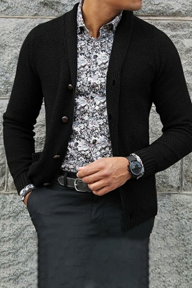 Mens Casual Knit Cardigan Long Sleeve Shawl Collar Button Closure Plain Fitted Knit Cardigan
