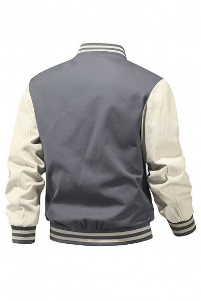Modern Jacket Contrast Color Button Fly Side Pocket Raglan Sleeve Baseball Jacket for Guys