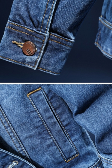 Retro Men Jacket Pure Color Pocket Long Sleeves Spread Collar Relaxed Button Denim Jacket