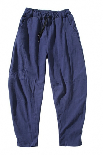 Retro Pants Pure Color Mid Rise Regular Ankle Length Drawstring Pants for Men