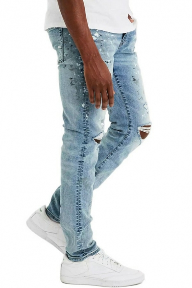 Simple Mens Jeans Medium Wash Button Placket Distressed Design Slim Fitted Jeans with Pocket