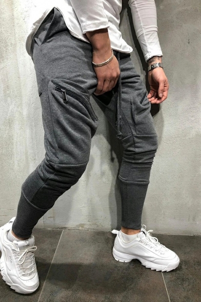 Simple Mens Pants Plain Drawstring Waist Mid Rise Skinny Fit Pants with Pocket