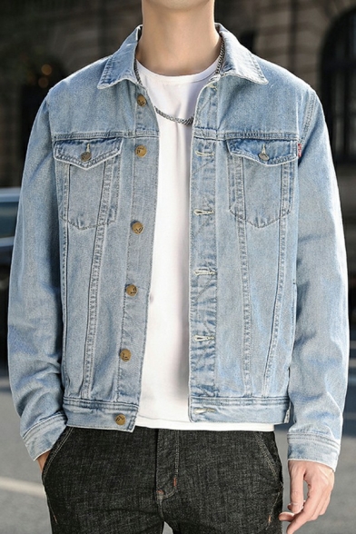 Street Look Jacket Plain Spread Collar Pocket Long Sleeves Regular Denim Jacket for Boys