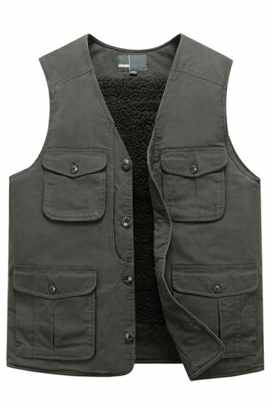 Stylish Mens Fleece Vest V-neck Pure Color Pocket Detail Button Closure Regular Fit Vest