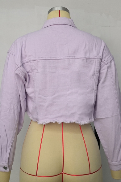 Stylish Womens Crop Denim Jacket Single Breasted Raw Hem Turn Down Collar Ripped Denim Jacket with Washing Effect