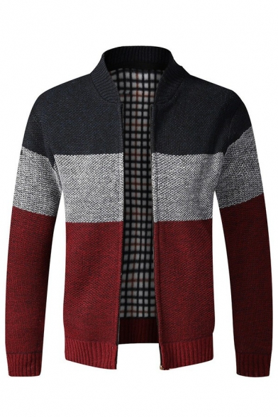 Trendy Cardigan Contrast Heathered Brushed Zip-up Pocket Stand Collar Cardigan for Men