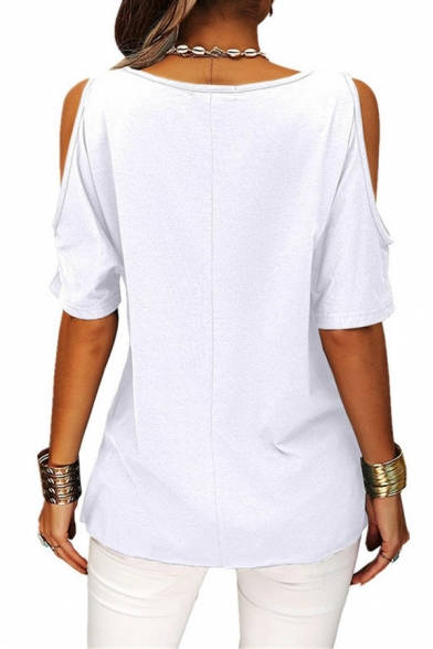 Trendy Ladies T-Shirt Plain Round Neck Criss Cross Hollow Short Sleeve T-Shirt